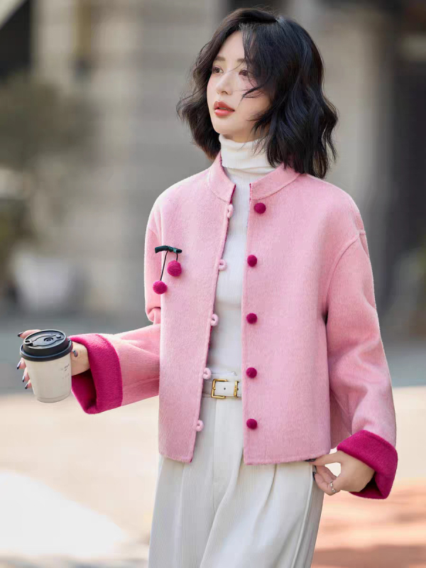 Palton femei din lână de oaie, guler stand, model cu potrivire cromatică, lungime normală, toamnă 2025