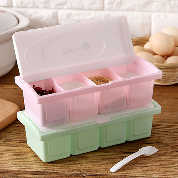 Plastična kutija za skladištenje začina u kuhinji, s četiri odjeljka, za čvrste začine, s žlicom, moderan dizajn