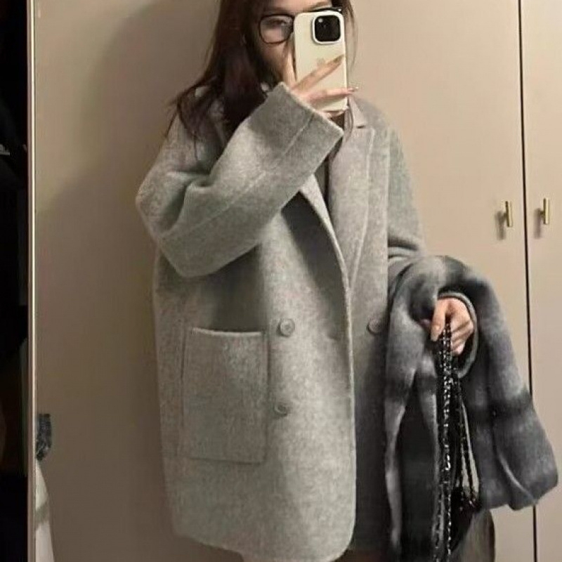 Palton din lână pentru femei, țesătură chenille, model 3D, siluetă A-line, guler cu blană de iepure