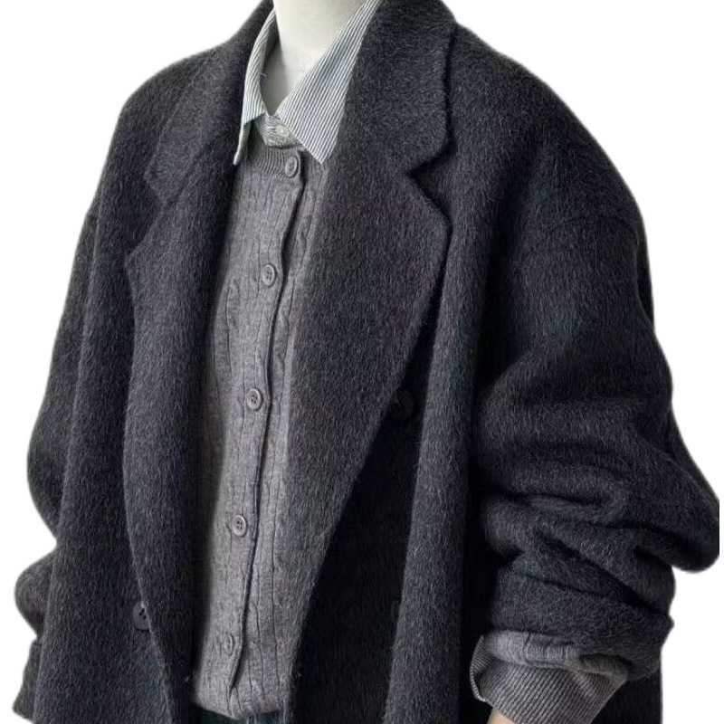 Palton din lână pentru femei, țesătură chenille, model 3D, siluetă A-line, guler cu blană de iepure