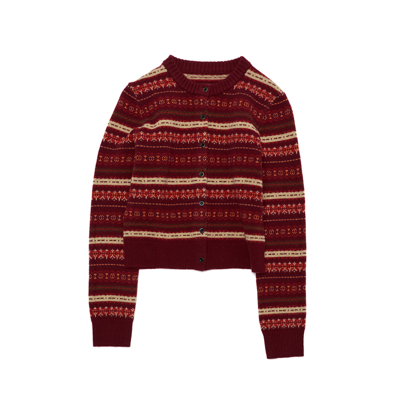 Daihe U ranoj proljetnoj casual kratkoj vunenoj kardiganu s okruglim izrezom i Fair Isle žakardom, model H0042