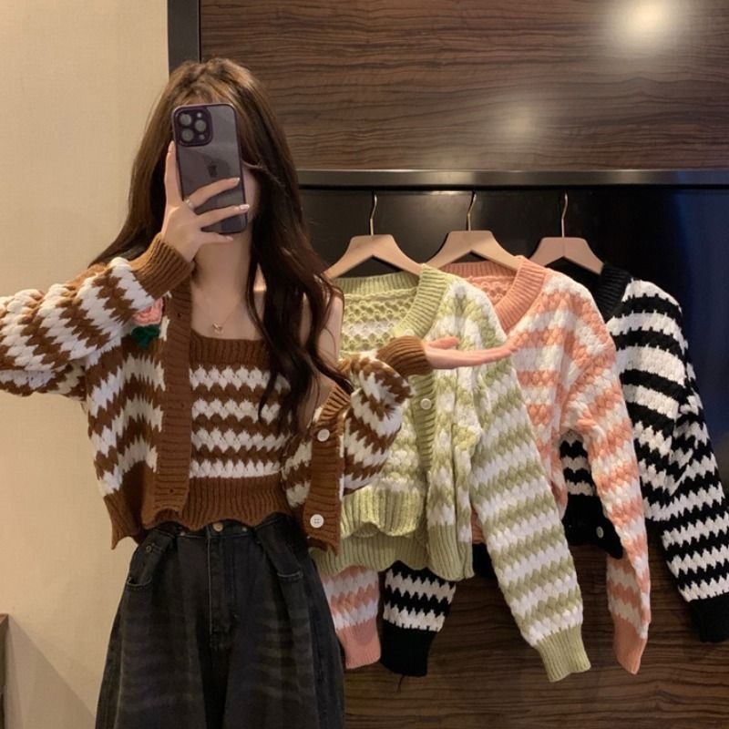 Korejski chic retro prugasti pleteni kardigan, dvodijelni set s topom na tanke naramenice za jesen-zimu