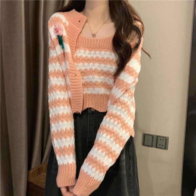 Korejski chic retro prugasti pleteni kardigan, dvodijelni set s topom na tanke naramenice za jesen-zimu