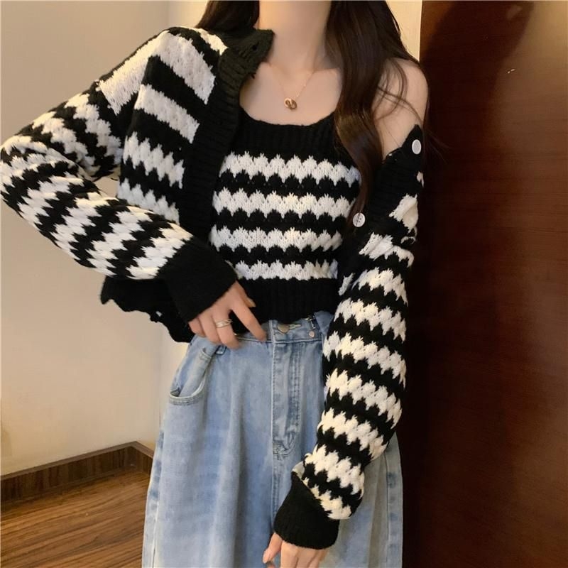 Korejski chic retro prugasti pleteni kardigan, dvodijelni set s topom na tanke naramenice za jesen-zimu
