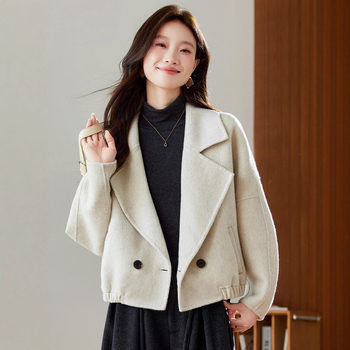 Palton de femei din lână - Amestec lână-poliester, Model solid, Guler tip sacou, Mâneci lungi, Lungime medie