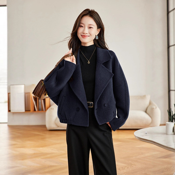 Palton de femei din lână - Amestec lână-poliester, Model solid, Guler tip sacou, Mâneci lungi, Lungime medie