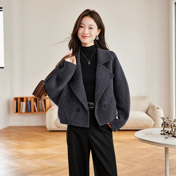 Palton de femei din lână - Amestec lână-poliester, Model solid, Guler tip sacou, Mâneci lungi, Lungime medie