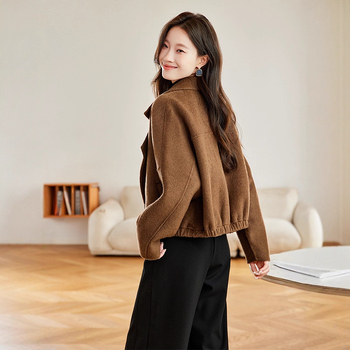 Palton de femei din lână - Amestec lână-poliester, Model solid, Guler tip sacou, Mâneci lungi, Lungime medie