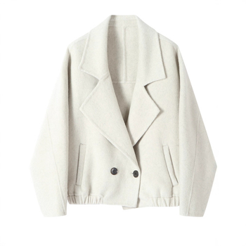 Palton de femei din lână - Amestec lână-poliester, Model solid, Guler tip sacou, Mâneci lungi, Lungime medie