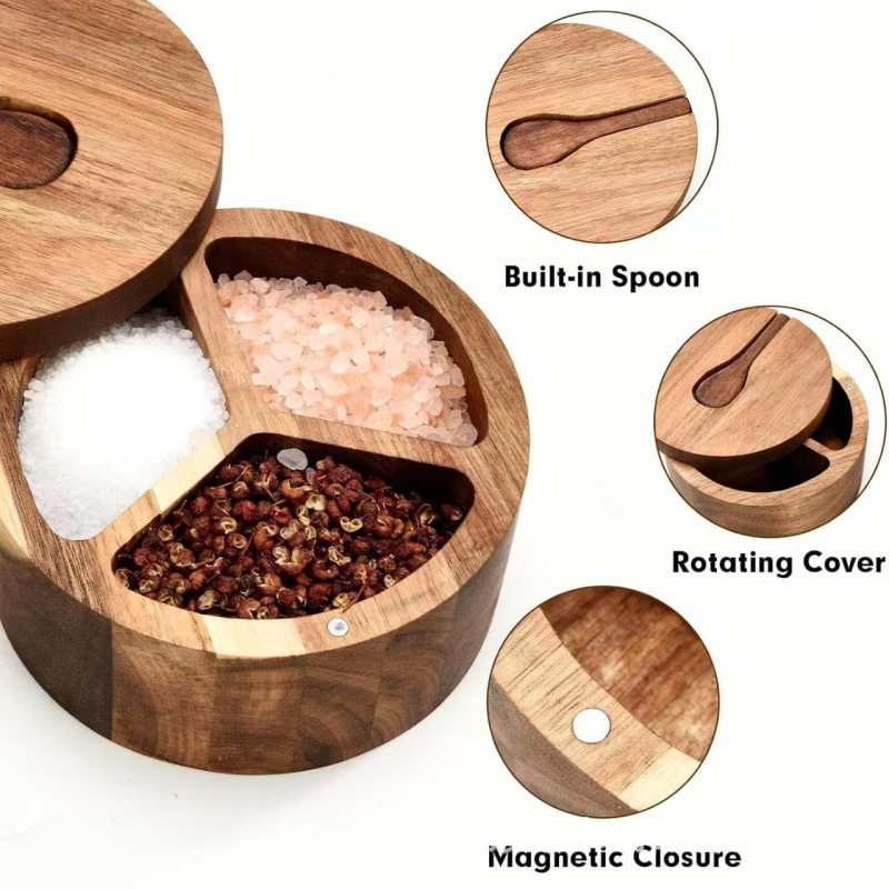 Cutie de condimente din lemn, capac rotativ, depozitare cu compartimente, personalizabilă cu logo