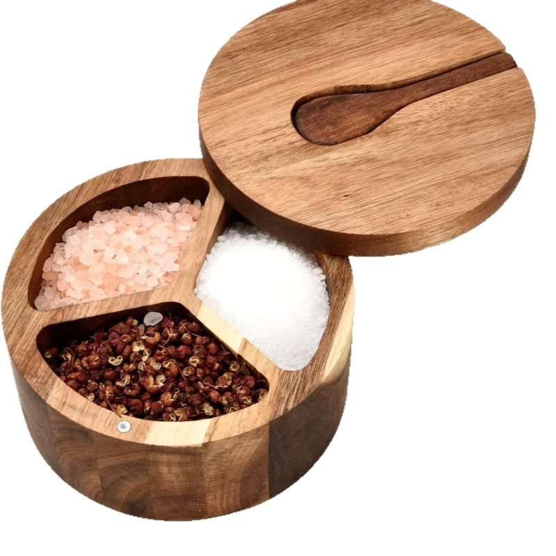 Cutie de condimente din lemn, capac rotativ, depozitare cu compartimente, personalizabilă cu logo