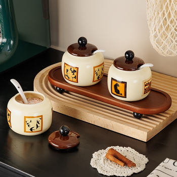 Set borcane ceramice pentru condimente cu capac – pentru condimente solide, stil japonez vintage