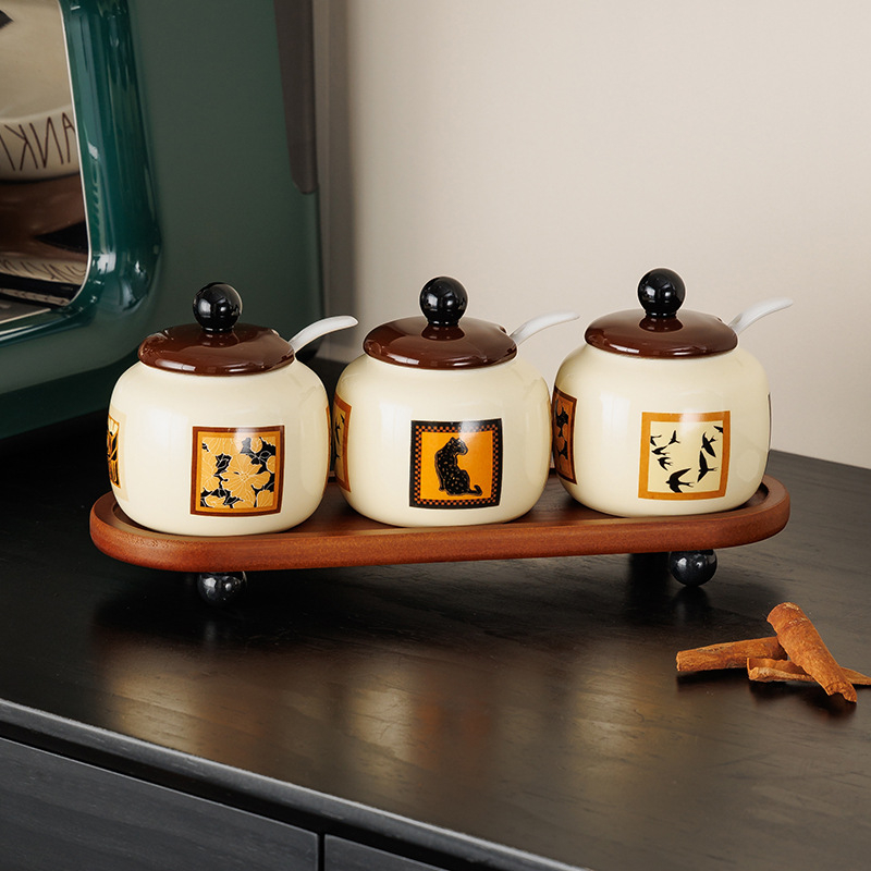 Set borcane ceramice pentru condimente cu capac – pentru condimente solide, stil japonez vintage