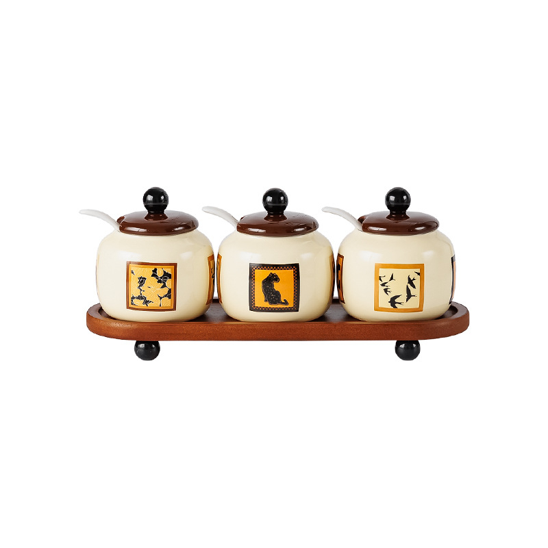 Set borcane ceramice pentru condimente cu capac – pentru condimente solide, stil japonez vintage