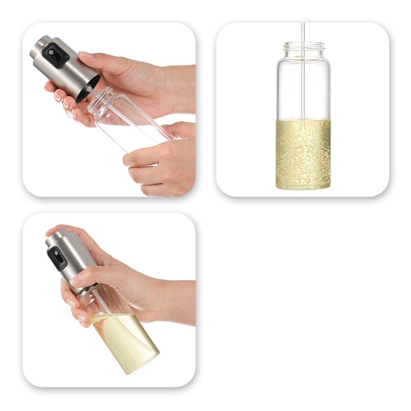 Sticlă de spray pentru ulei de bucătărie, oțel inoxidabil + sticlă, mecanism apăsat pentru pulverizare, aspect simplu și modern