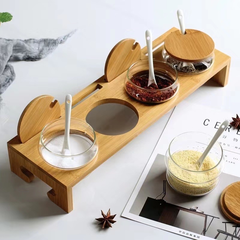 Japanskog stila stakleni set posuda za začine s drvenim stalakom (Staklo; Japanski stil; Prilagodljiva obrada; Tisak logotipa)
