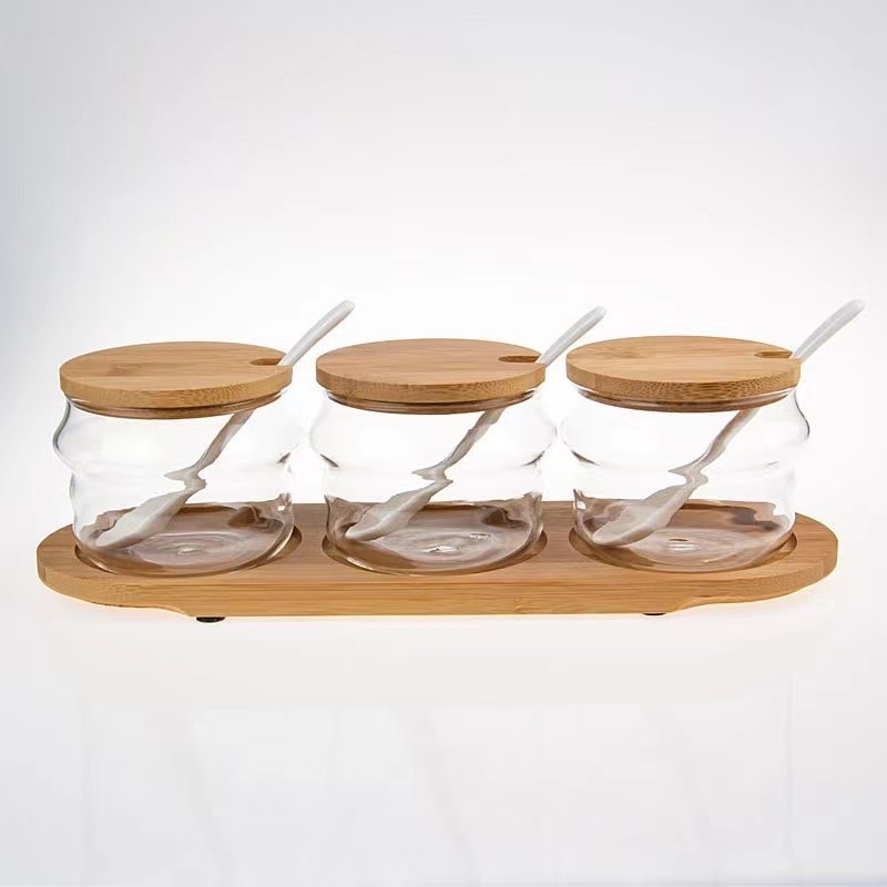 Japanskog stila stakleni set posuda za začine s drvenim stalakom (Staklo; Japanski stil; Prilagodljiva obrada; Tisak logotipa)