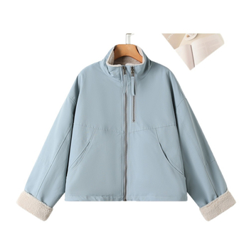 Jachetă din poliester, monocromă, croială lejeră, mâneci lungi, guler înalt, material gros, primăvara 2025