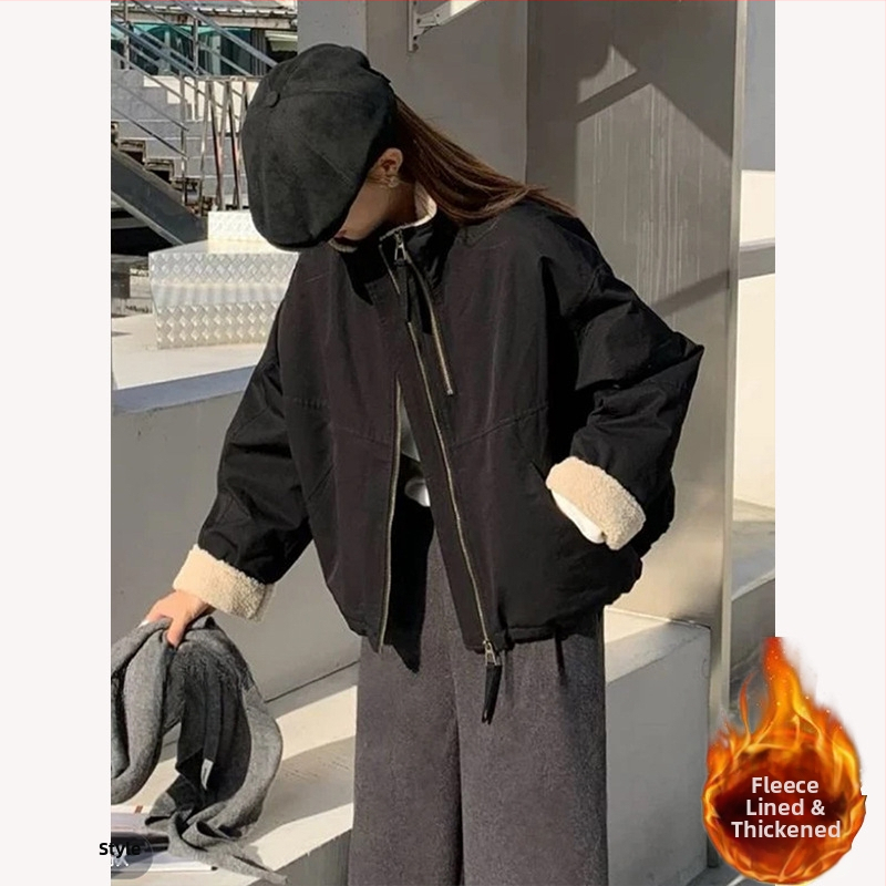 Kratka parka s flešom od ovčje vune za sitnije žene, zima 2026, korejski stil casual ležernog kroja, kratka pamuk jakna