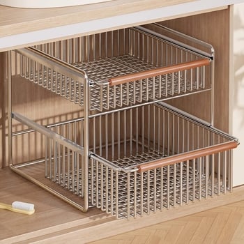 Raft de depozitare pentru chiuveta bucătărie, cu două niveluri, glisant, multifuncțional, din oțel inoxidabil și lemn, design modern minimalist