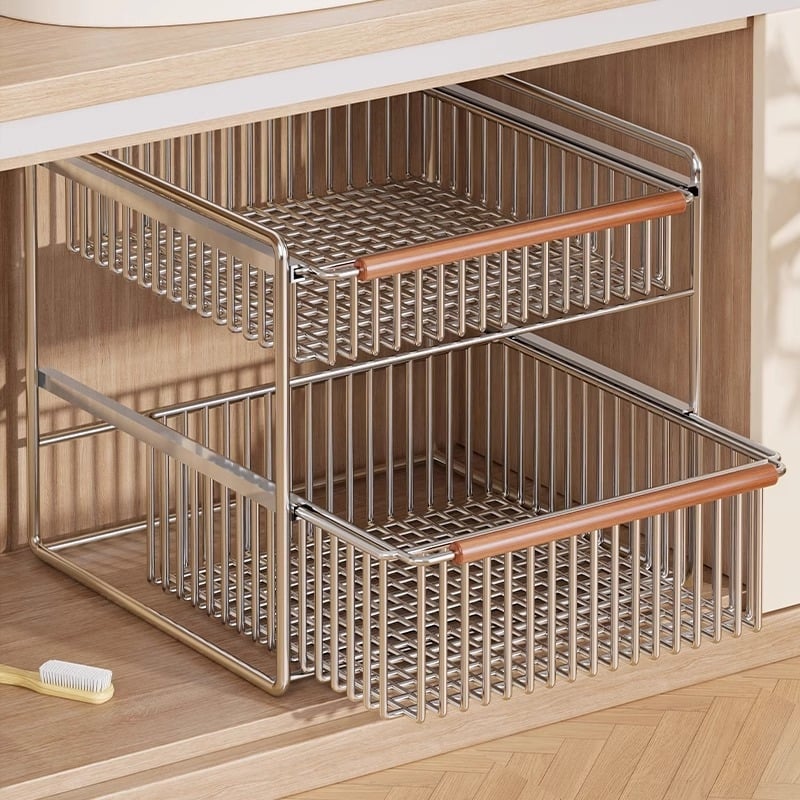 Raft de depozitare pentru chiuveta bucătărie, cu două niveluri, glisant, multifuncțional, din oțel inoxidabil și lemn, design modern minimalist