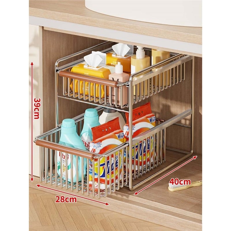 Raft de depozitare pentru chiuveta bucătărie, cu două niveluri, glisant, multifuncțional, din oțel inoxidabil și lemn, design modern minimalist