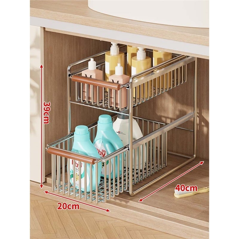 Raft de depozitare pentru chiuveta bucătărie, cu două niveluri, glisant, multifuncțional, din oțel inoxidabil și lemn, design modern minimalist