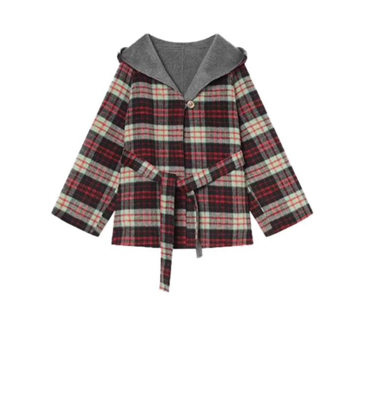 Palton de damă din lână, croială cocoon, carouri, guler cu fular, lungime 80-100 cm, material din lână mixt (70-80% lână)