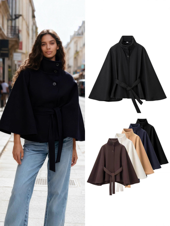 Palton damă din poliester cu guler staționar, mâneci evazate, șnur talie, închidere pe un rând de nasturi, iarna 2025.