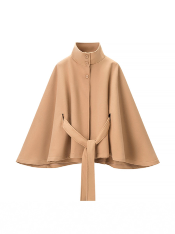 Palton damă din poliester cu guler staționar, mâneci evazate, șnur talie, închidere pe un rând de nasturi, iarna 2025.