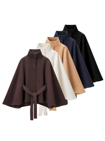 Palton damă din poliester cu guler staționar, mâneci evazate, șnur talie, închidere pe un rând de nasturi, iarna 2025.