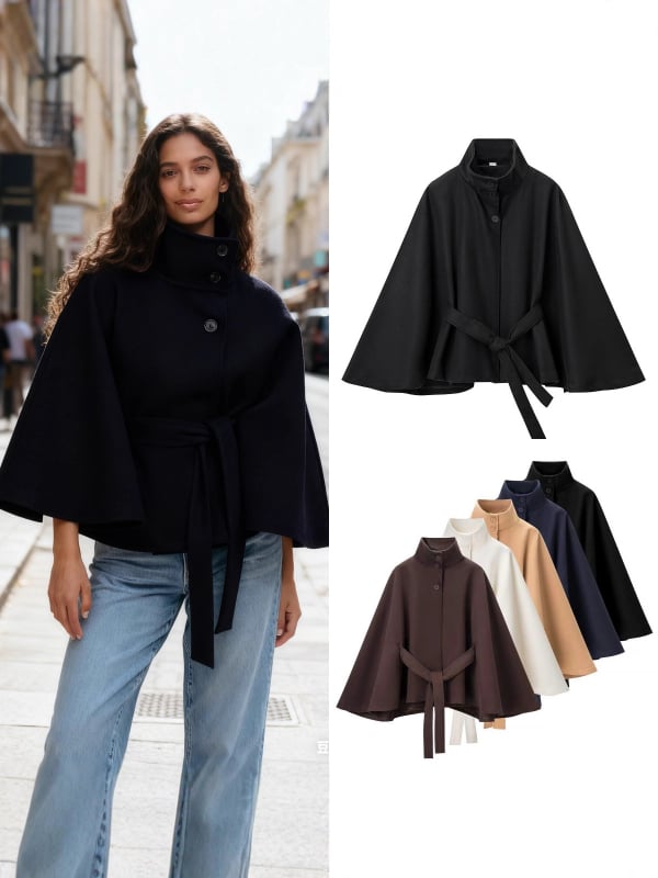 Palton damă din poliester cu guler staționar, mâneci evazate, șnur talie, închidere pe un rând de nasturi, iarna 2025.