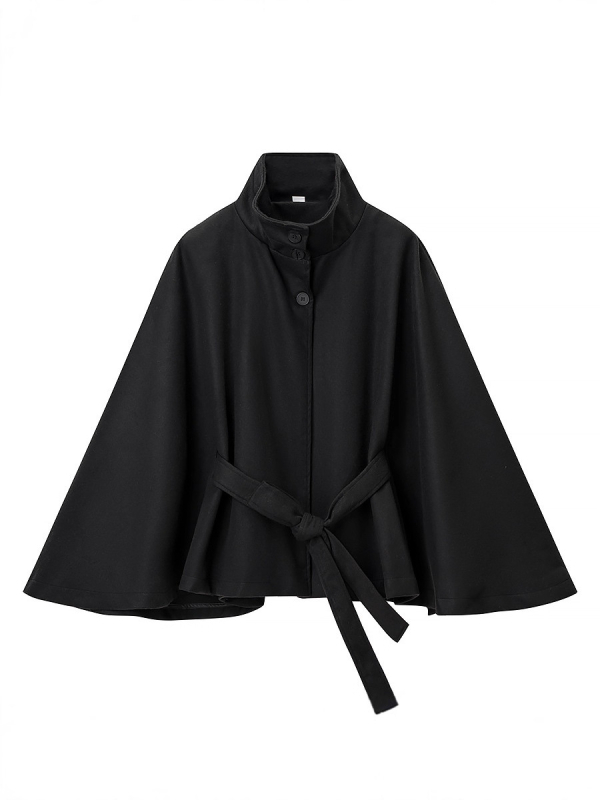 Palton damă din poliester cu guler staționar, mâneci evazate, șnur talie, închidere pe un rând de nasturi, iarna 2025.