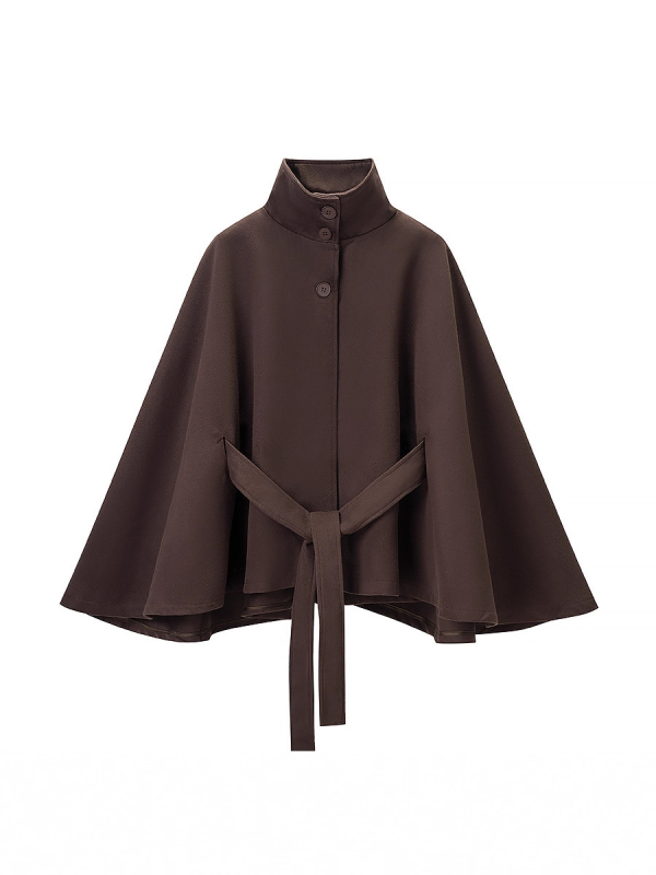 Palton damă din poliester cu guler staționar, mâneci evazate, șnur talie, închidere pe un rând de nasturi, iarna 2025.