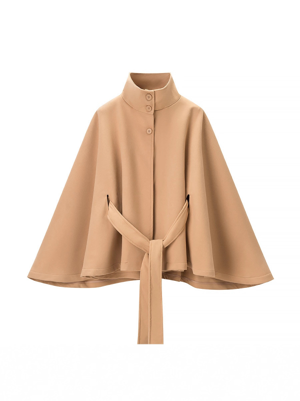 Palton damă din poliester cu guler staționar, mâneci evazate, șnur talie, închidere pe un rând de nasturi, iarna 2025.