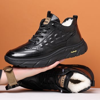 Férfi téli meleg bőrcipő polár anyaggal, magas szárú csizma