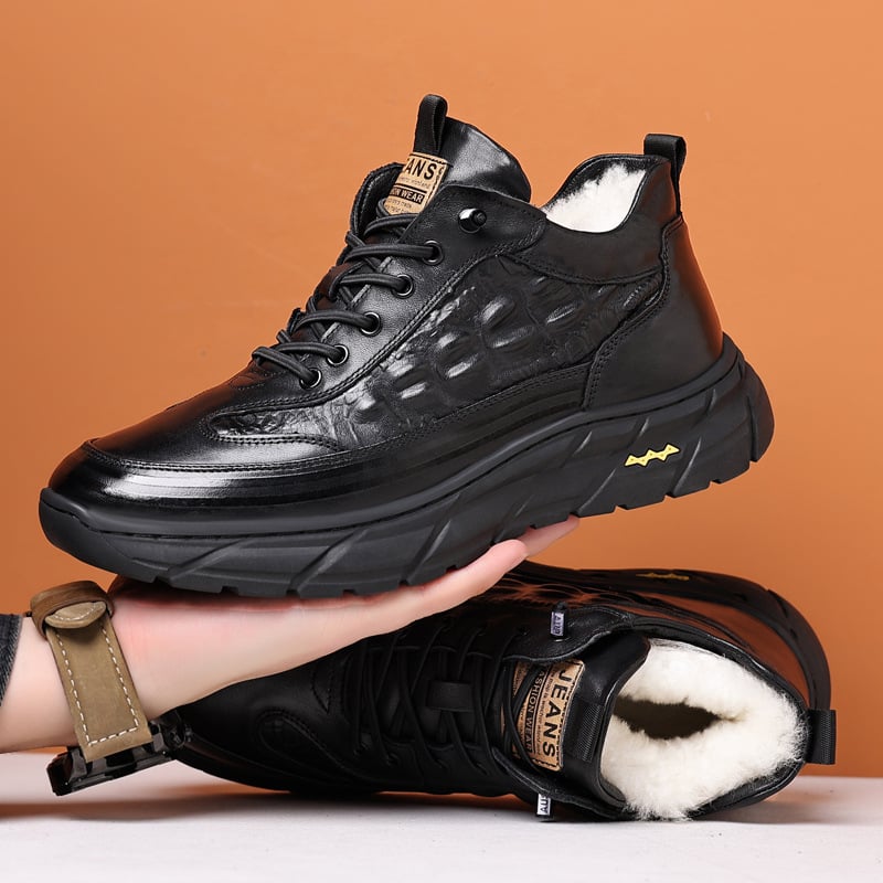 Férfi téli meleg bőrcipő polár anyaggal, magas szárú csizma