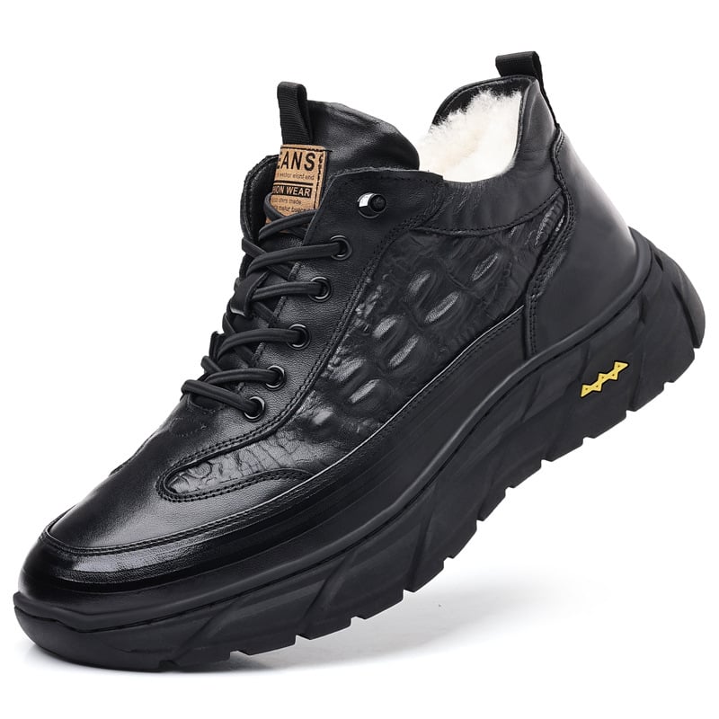 Férfi téli meleg bőrcipő polár anyaggal, magas szárú csizma