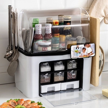 Konyhai fűszer-tároló polc kés- és sótartóval – műanyag, szilárd fűszerekhez