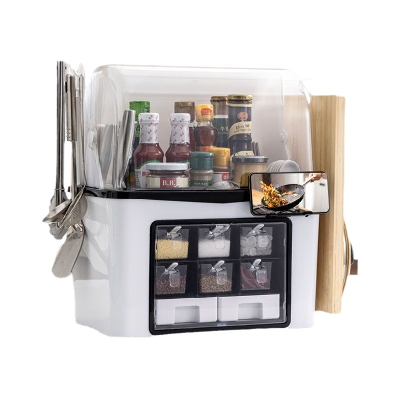Konyhai fűszer-tároló polc kés- és sótartóval – műanyag, szilárd fűszerekhez