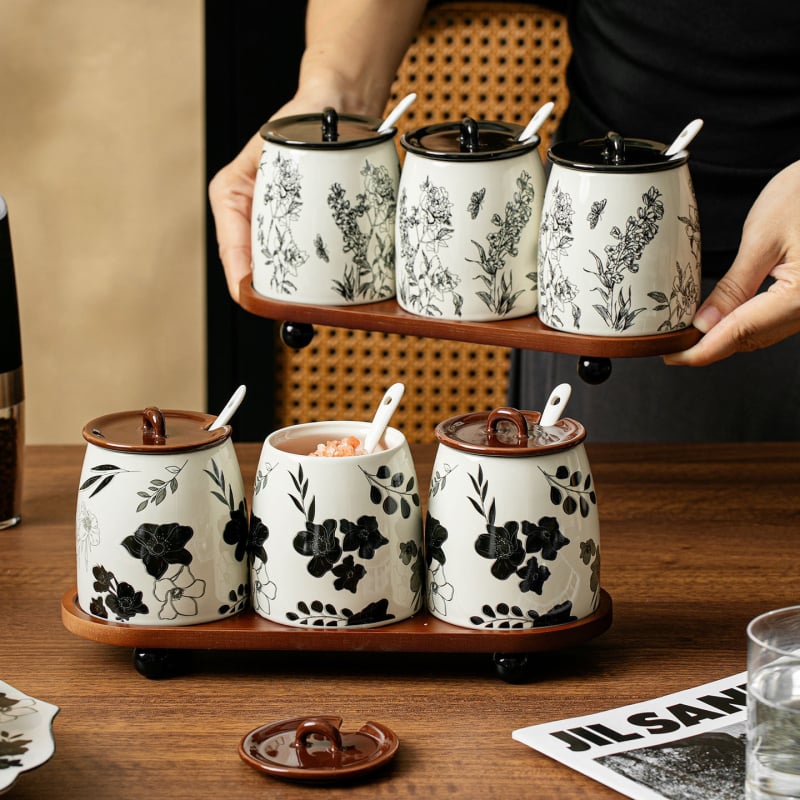 Nordic stílusú kerámia fűszertartó készlet tárolóállvánnyal – szilárd fűszerek (só és MSG)