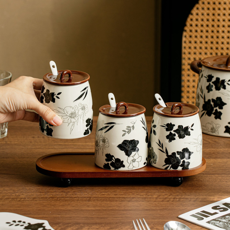 Nordic stílusú kerámia fűszertartó készlet tárolóállvánnyal – szilárd fűszerek (só és MSG)