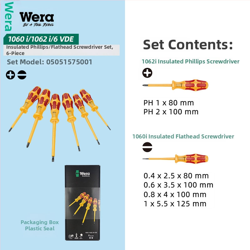 WERA izolovaná sada skrutkovačov — chróm-vanádová oceľ, nemagnetická, hmotnosť 0.15, PVC rukoväť
