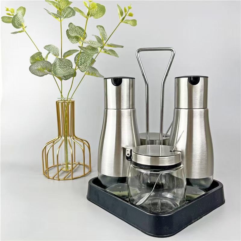 Stakleni set posuda za začine sa stakom za ulje i kutijom za pohranu – posude za sol i začine, s otisnutim logom