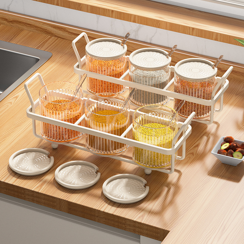 Set de condimente: suport plastic pentru sare, borcan MSG și borcan de piper cu raft de depozitare, bucătărie modernă minimalistă, design fără găuri