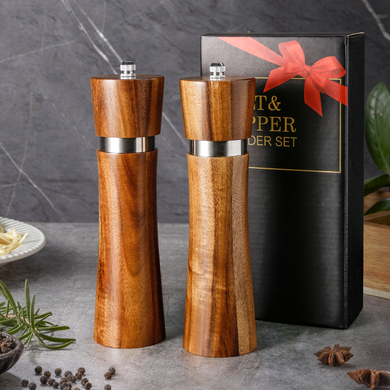 Set de râșnițe pentru piper din lemn de acacia, cu nucleu ceramic, funcționare manuală