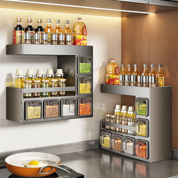 Raft de condimente pentru bucătărie montat pe perete – fără găuri, multifuncțional, din ABS + oțel cu carbon, organizator de condimente pe mai multe niveluri