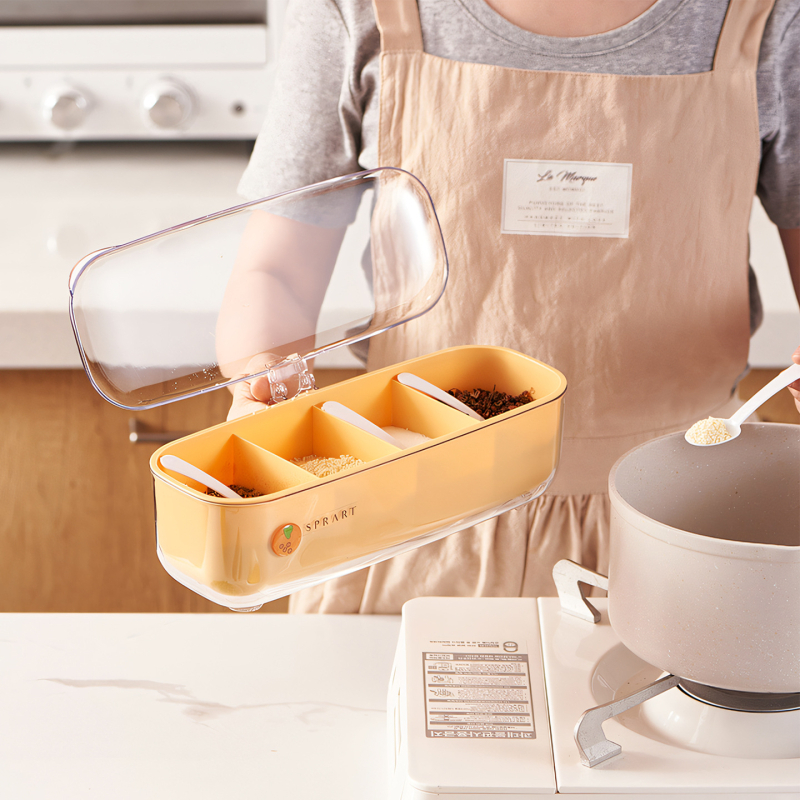 Recipient din plastic pentru condimente, cu capac integrat și spațiu de depozitare cu mai multe compartimente pentru condimente solide