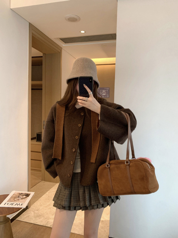 Palton din lână reversibil pentru femei, cu glugă detașabilă, lână groasă, croială elegantă pentru navetă