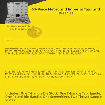 Oțel aliat, set de 60 de piese pentru filete metrice și imperiale, cu cheie manuală pentru filetare